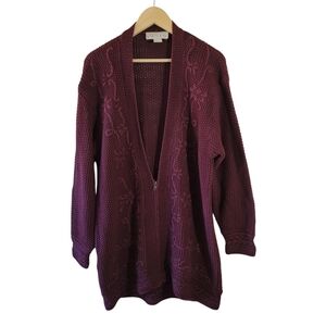 VTG Y2K Burgundy Birdeyes Knit Floral Embroidery Cardigan M Zip-Up Oversized